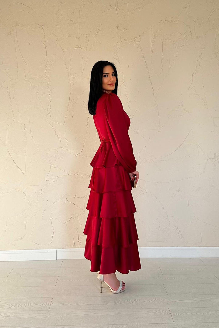 ELS Wholesale Burgundy Satin Ruffled Tiered Dress - Omaha