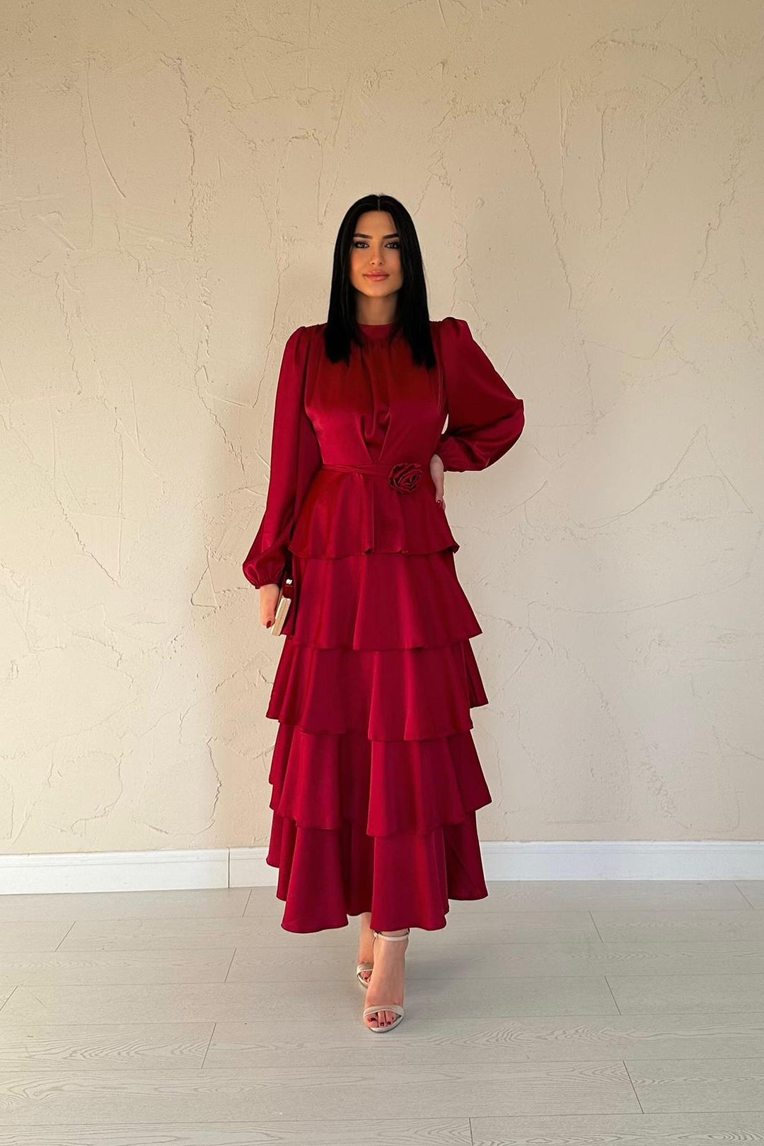 ELS Wholesale Burgundy Satin Ruffled Tiered Dress - Omaha