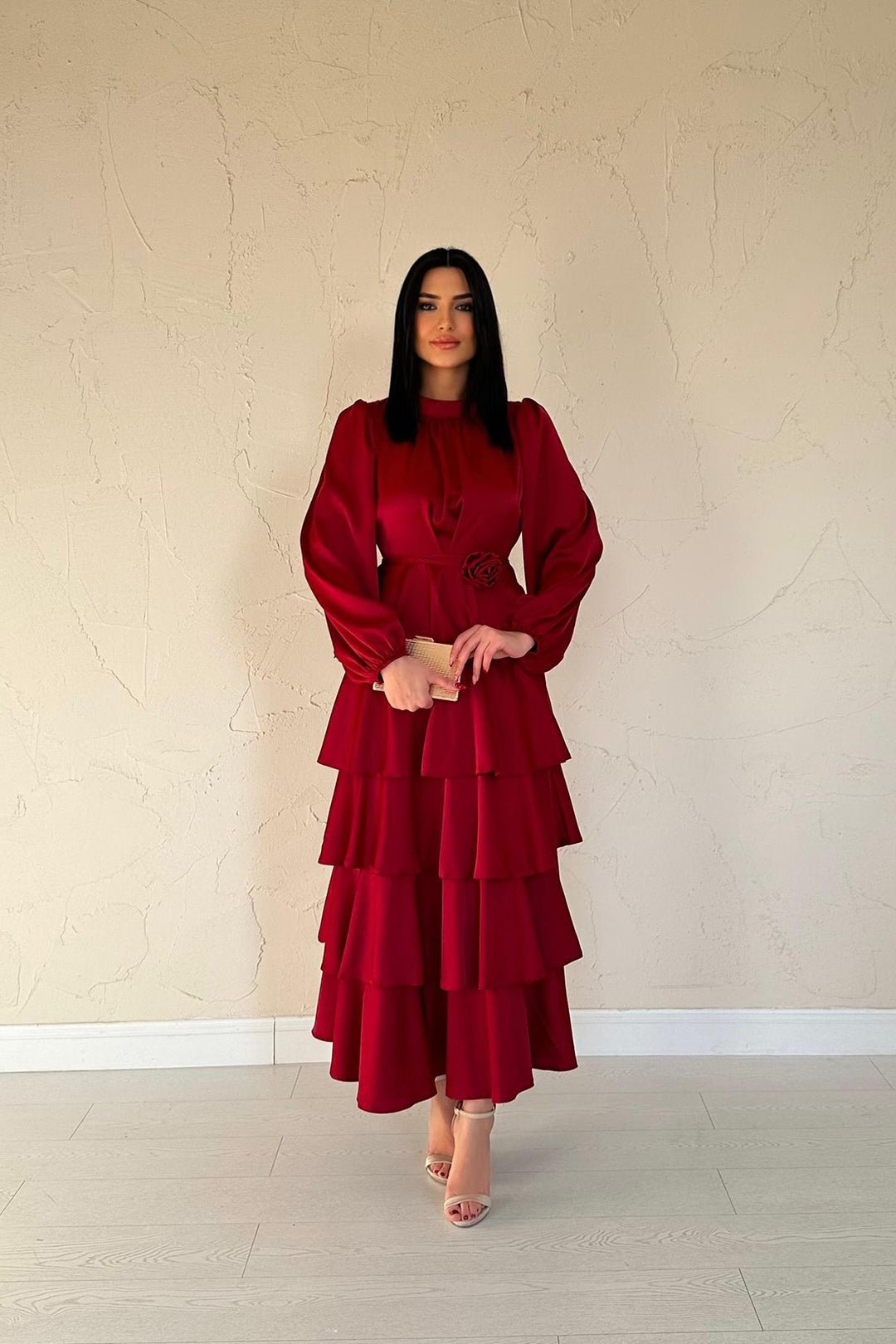 ELS Wholesale Burgundy Satin Ruffled Tiered Dress - Omaha