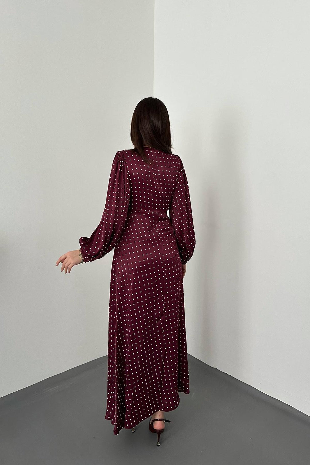 ELS Wholesale Burgundy Satin Polka Dot Lace Detailed Dress - Murray