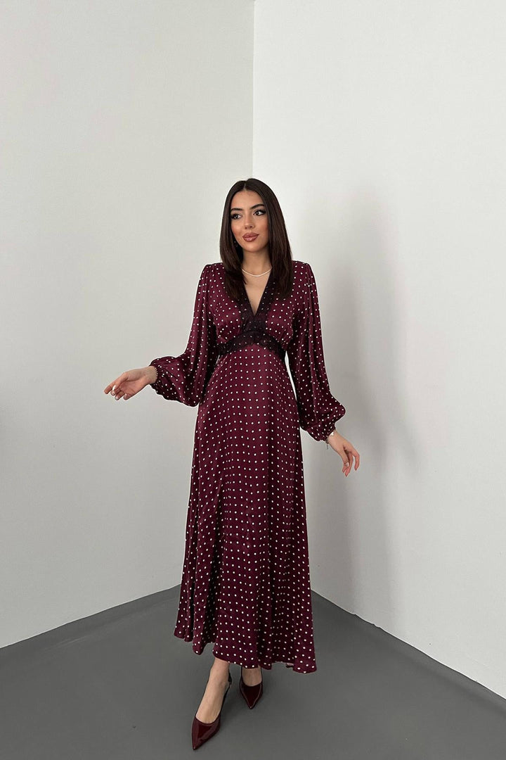 ELS Wholesale Burgundy Satin Polka Dot Lace Detailed Dress - Murray