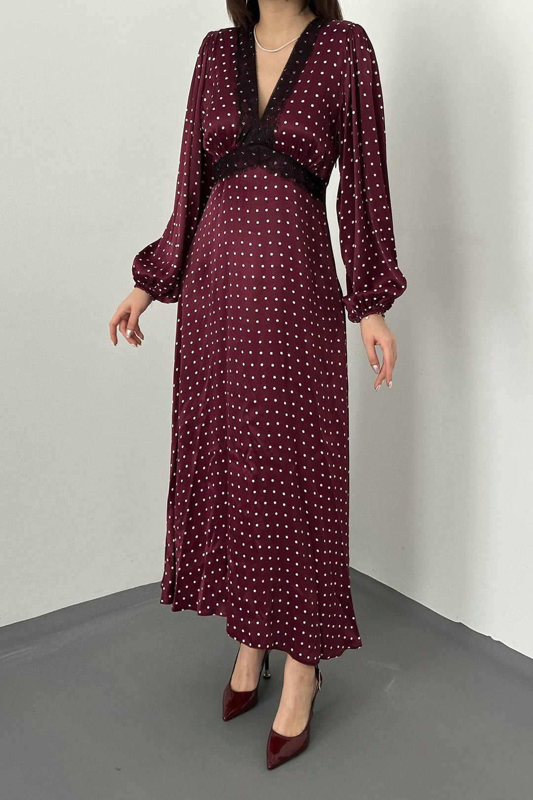 ELS Wholesale Burgundy Satin Polka Dot Lace Detailed Dress - Murray