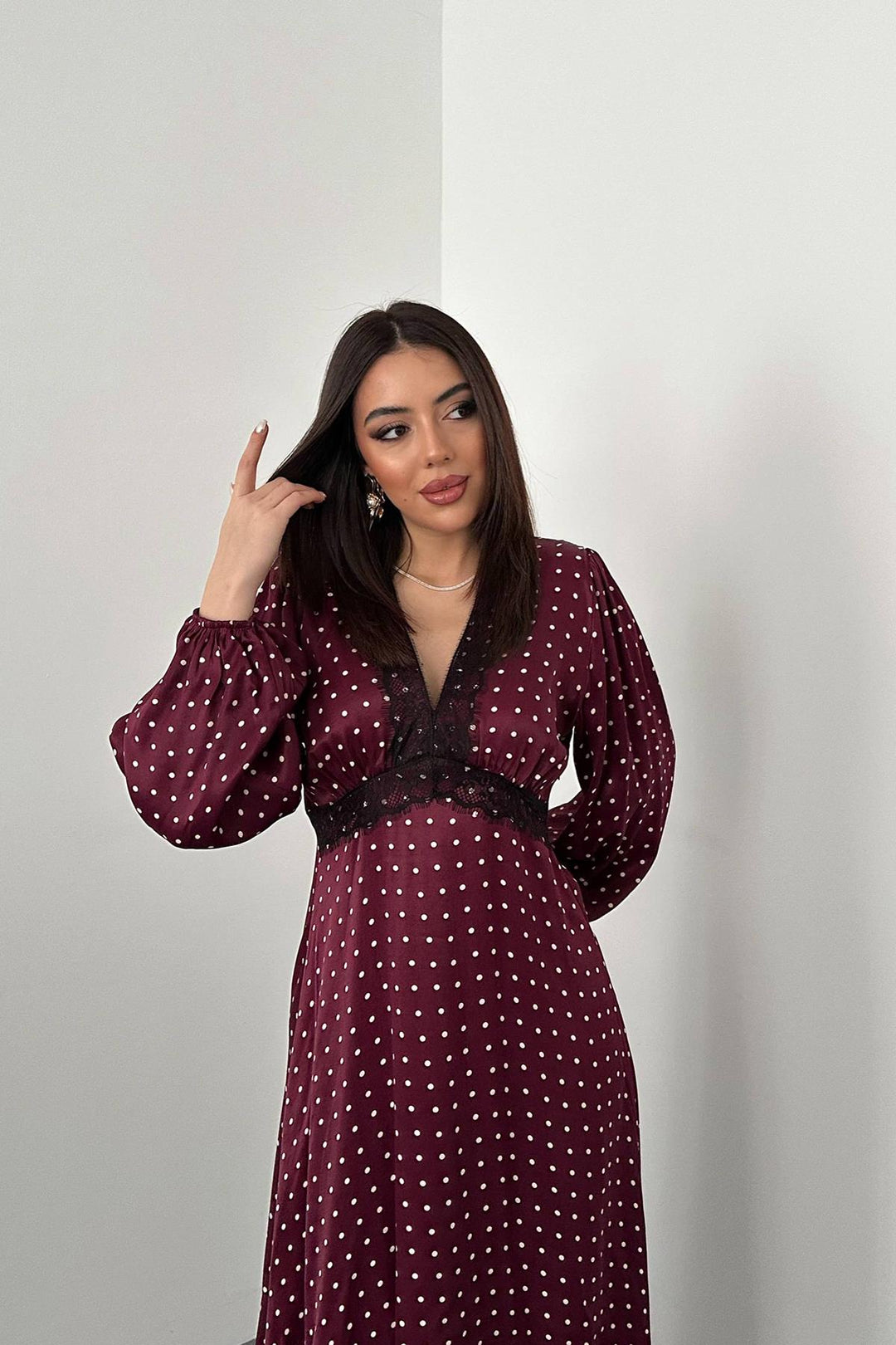 ELS Wholesale Burgundy Satin Polka Dot Lace Detailed Dress - Murray