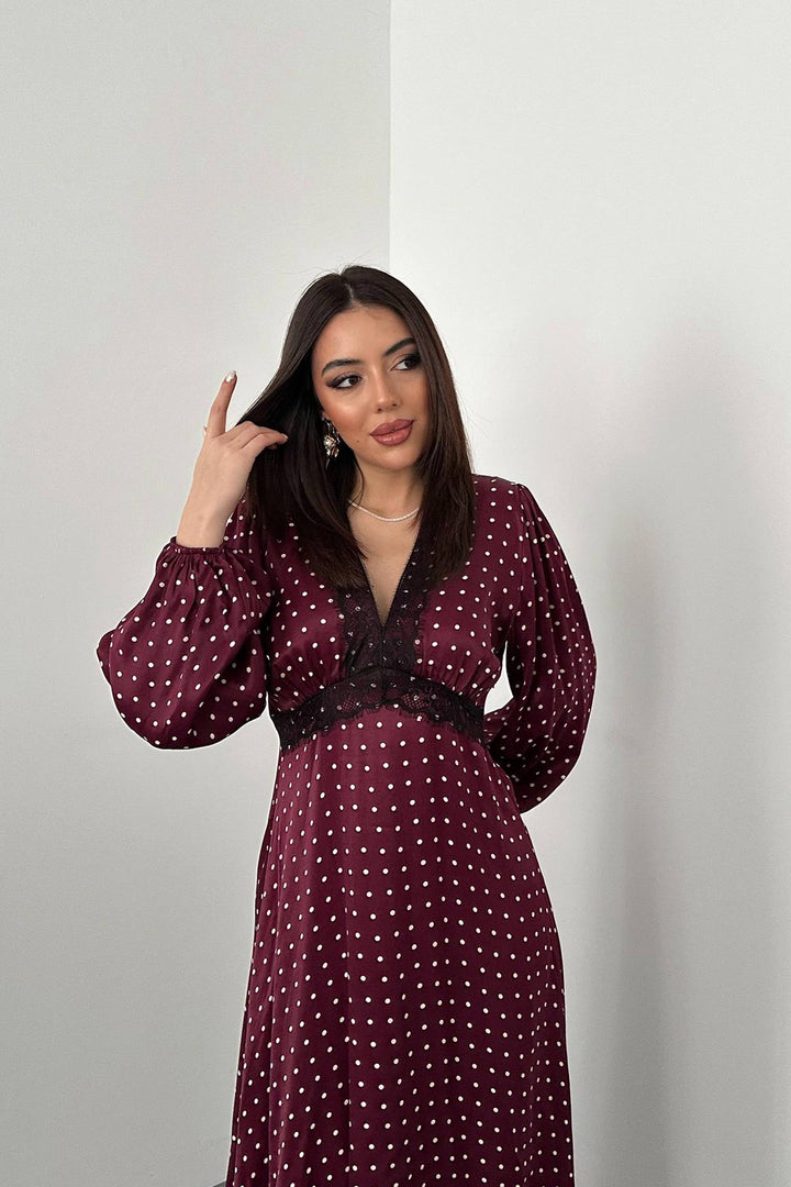 ELS Wholesale Burgundy Satin Polka Dot Lace Detailed Dress - Murray