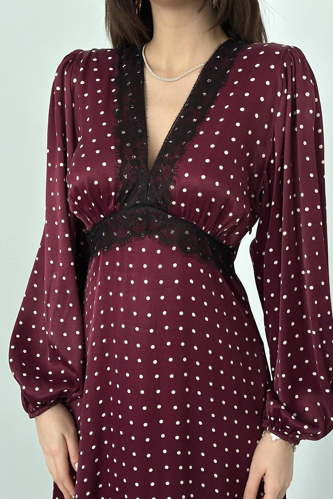 ELS Wholesale Burgundy Satin Polka Dot Lace Detailed Dress - Murray