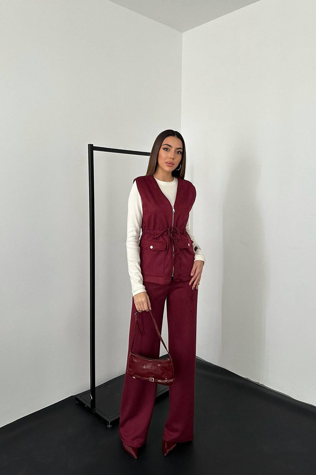 ELS Wholesale Burgundy Suede Vest Pants Suit - Târgovişte