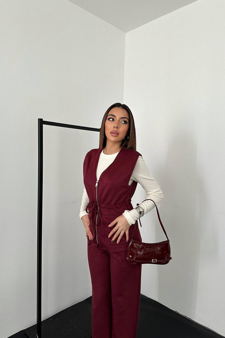 ELS Wholesale Burgundy Suede Vest Pants Suit - Târgovişte