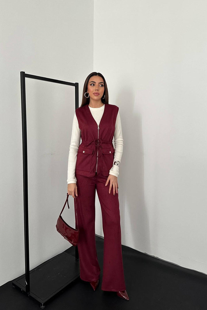 ELS Wholesale Burgundy Suede Vest Pants Suit - Târgovişte