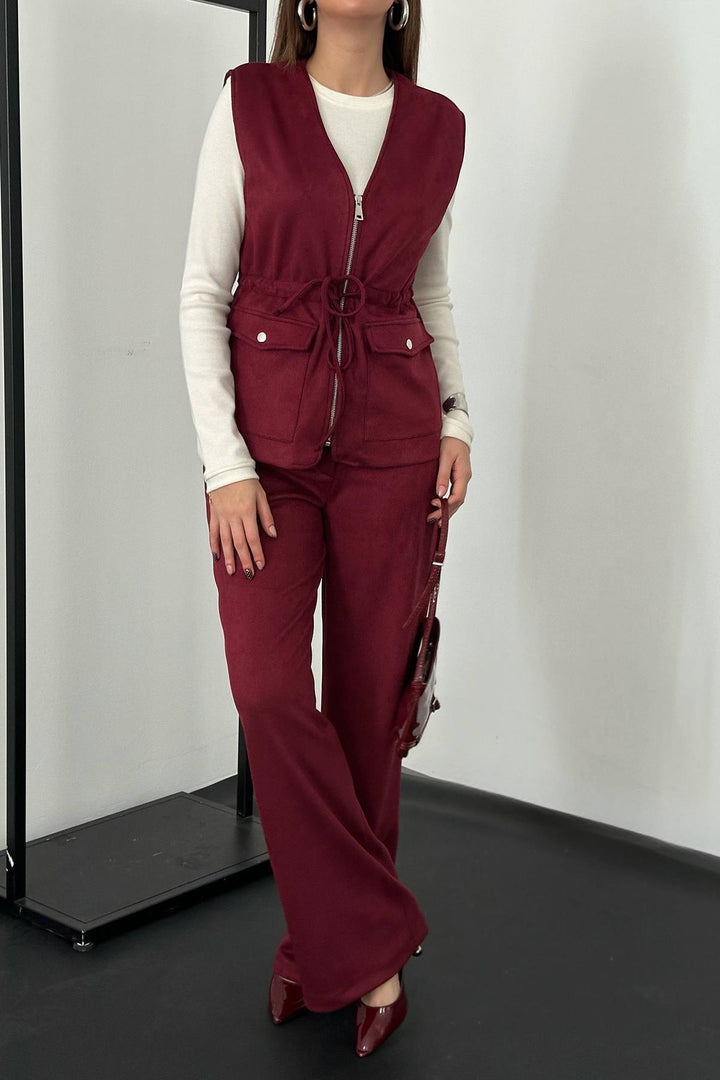 ELS Wholesale Burgundy Suede Vest Pants Suit - Târgovişte
