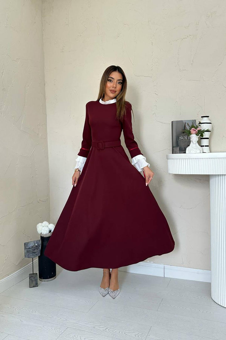 ELS Toptan Bordo Yaka Ve Kollerı Pileli Elbise - Montclair