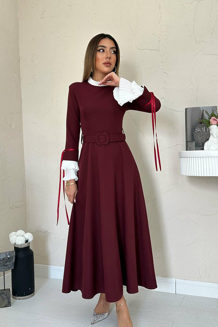 ELS Toptan Bordo Yaka Ve Kollerı Pileli Elbise - Montclair