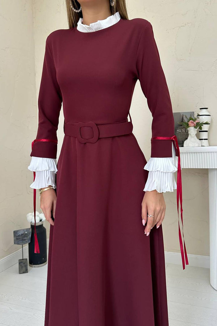 ELS Toptan Bordo Yaka Ve Kollerı Pileli Elbise - Montclair