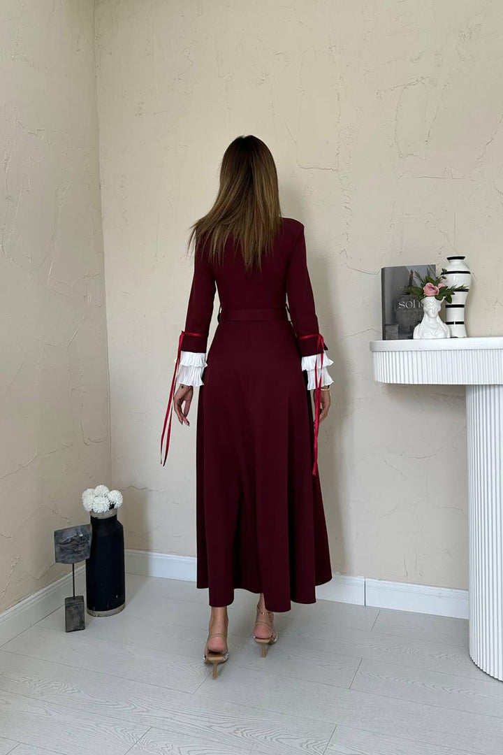 ELS Toptan Bordo Yaka Ve Kollerı Pileli Elbise - Montclair