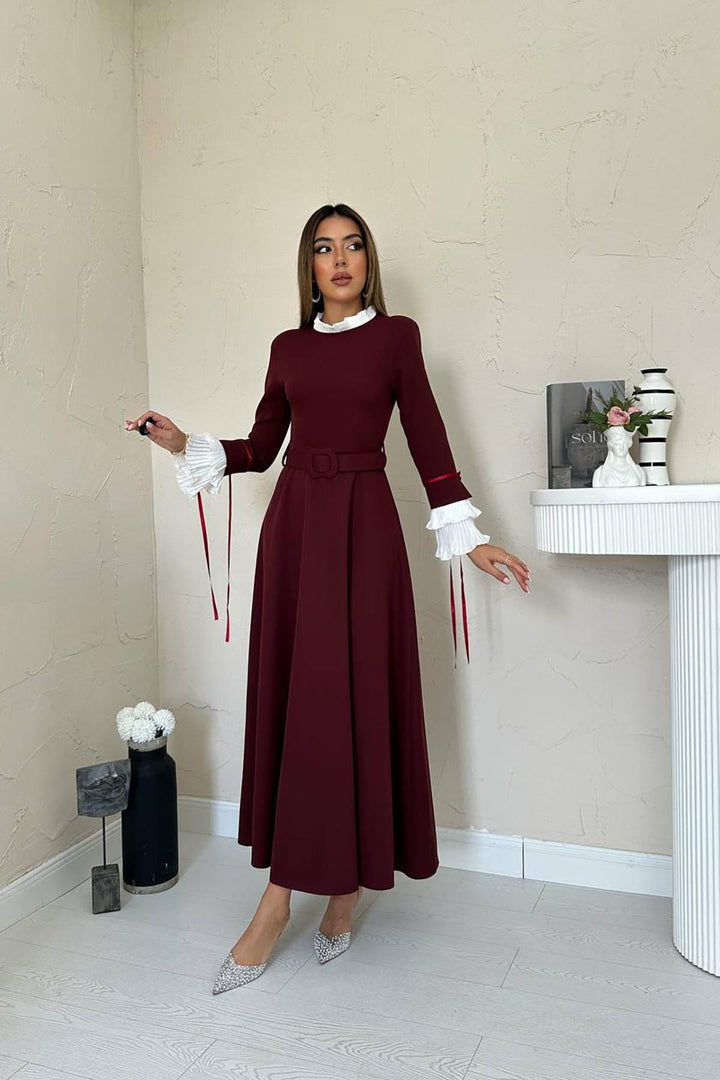 ELS Toptan Bordo Yaka Ve Kollerı Pileli Elbise - Montclair