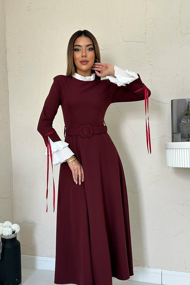 ELS Toptan Bordo Yaka Ve Kollerı Pileli Elbise - Montclair