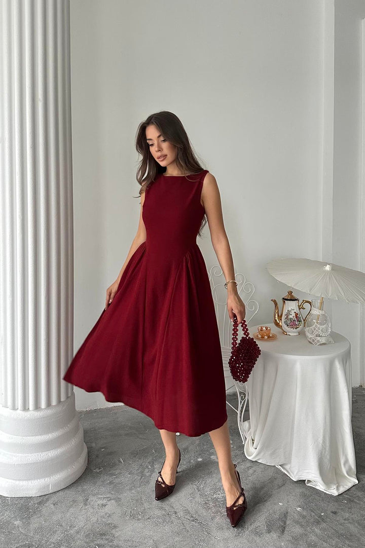 ELS Toptan Bordo Yanları Büzgülü Midi Boy Keten Elbise - Menomonee Falls