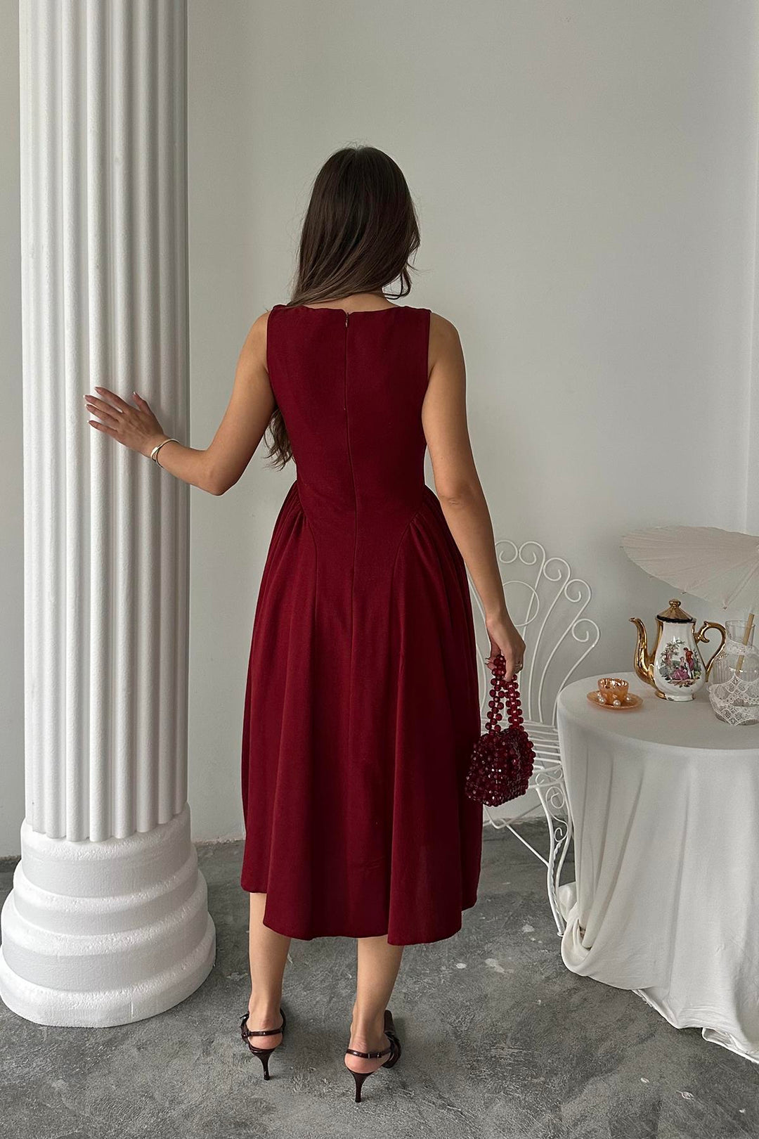 ELS Toptan Bordo Yanları Büzgülü Midi Boy Keten Elbise - Menomonee Falls