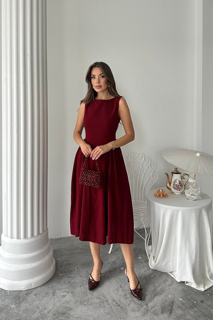 ELS Toptan Bordo Yanları Büzgülü Midi Boy Keten Elbise - Menomonee Falls