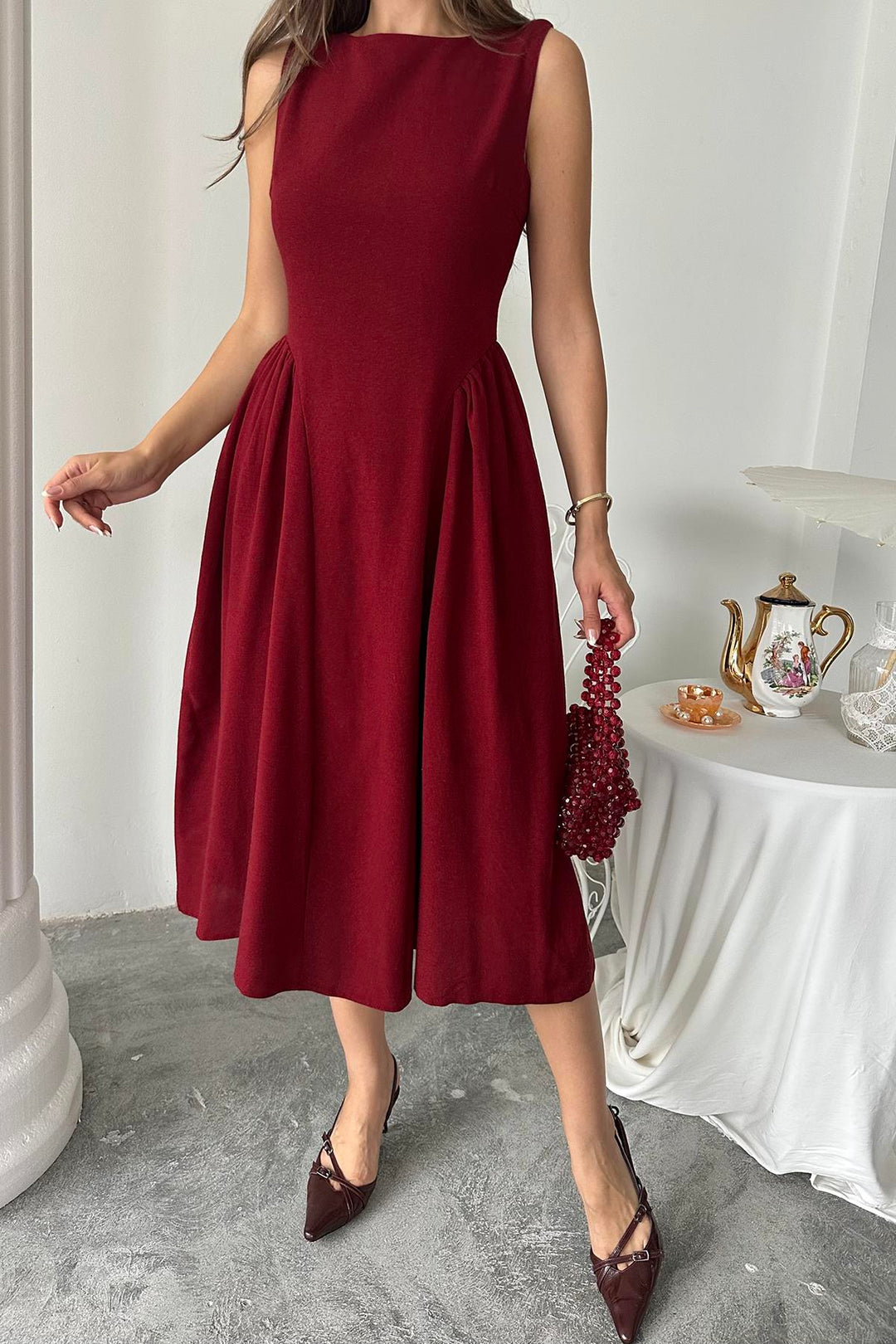 ELS Toptan Bordo Yanları Büzgülü Midi Boy Keten Elbise - Menomonee Falls