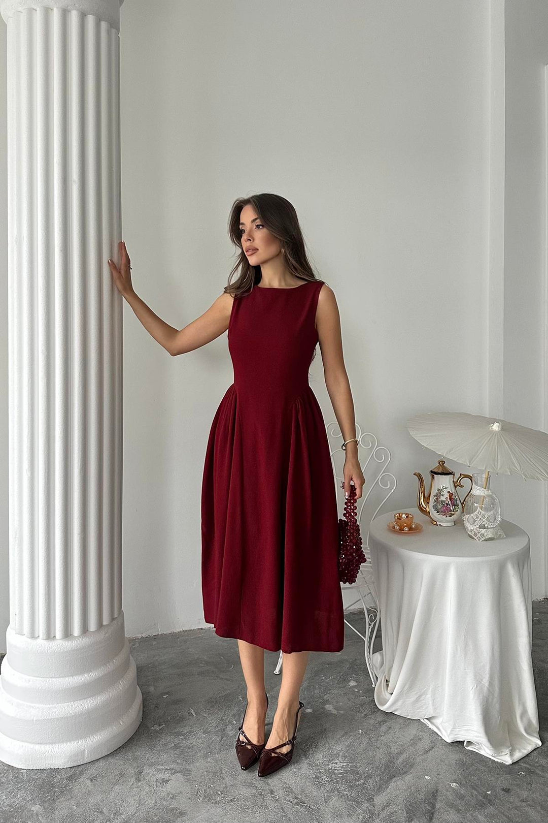 ELS Toptan Bordo Yanları Büzgülü Midi Boy Keten Elbise - Menomonee Falls