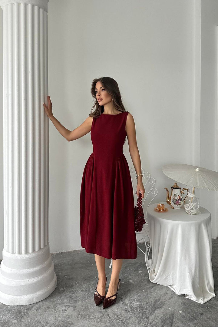 ELS Toptan Bordo Yanları Büzgülü Midi Boy Keten Elbise - Menomonee Falls