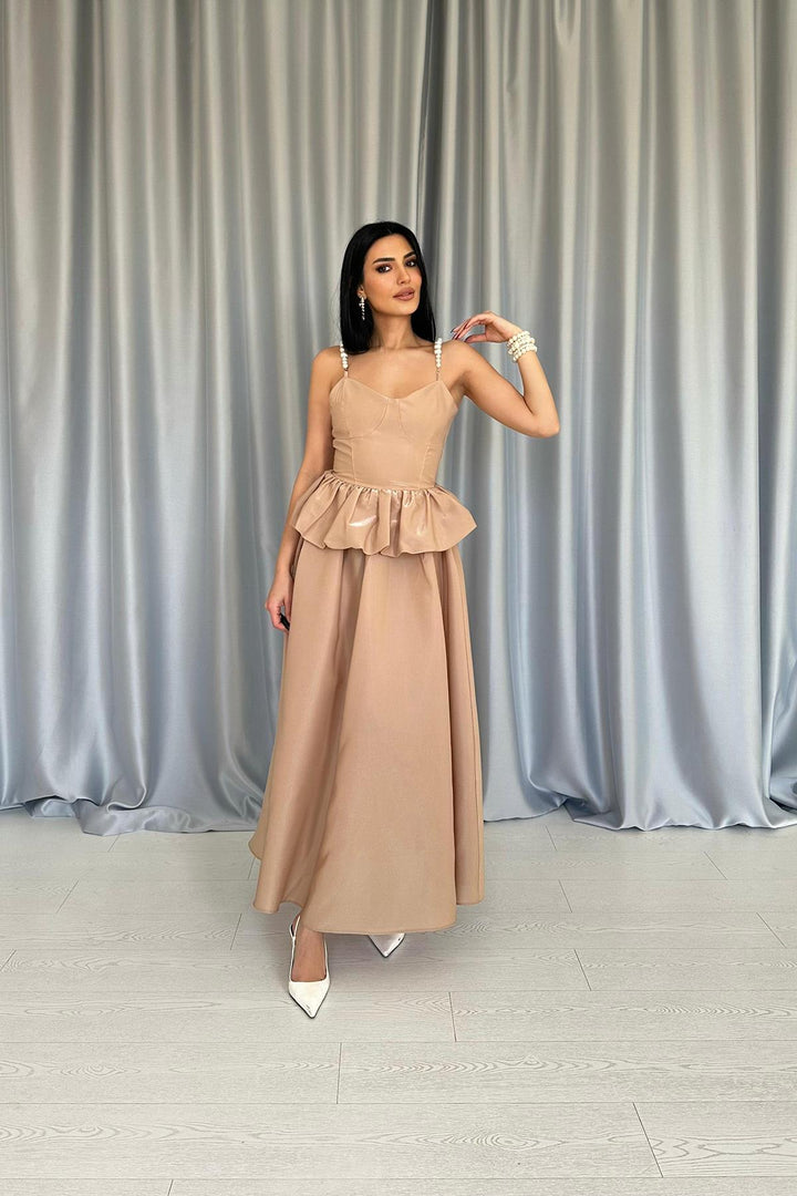 ELS Wholesale Camel Waist Ruffled Pearl Strap Long Dress - North Fort Myers