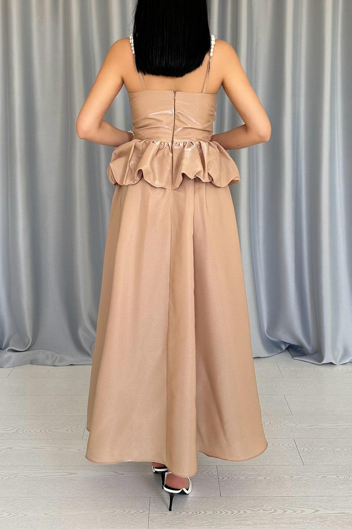 ELS Wholesale Camel Waist Ruffled Pearl Strap Long Dress - North Fort Myers