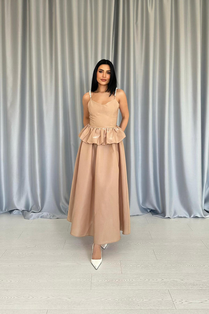 ELS Wholesale Camel Waist Ruffled Pearl Strap Long Dress - North Fort Myers