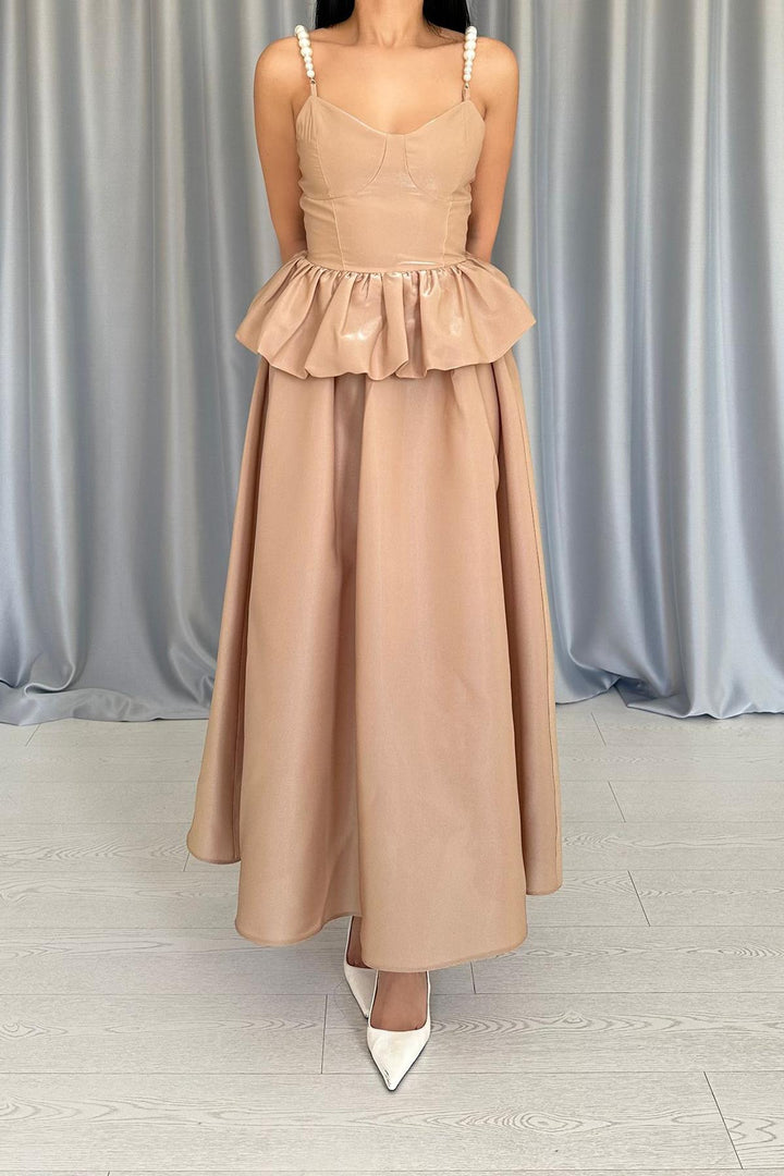 ELS Wholesale Camel Waist Ruffled Pearl Strap Long Dress - North Fort Myers