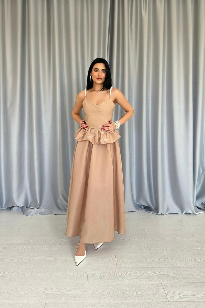 ELS Wholesale Camel Waist Ruffled Pearl Strap Long Dress - North Fort Myers