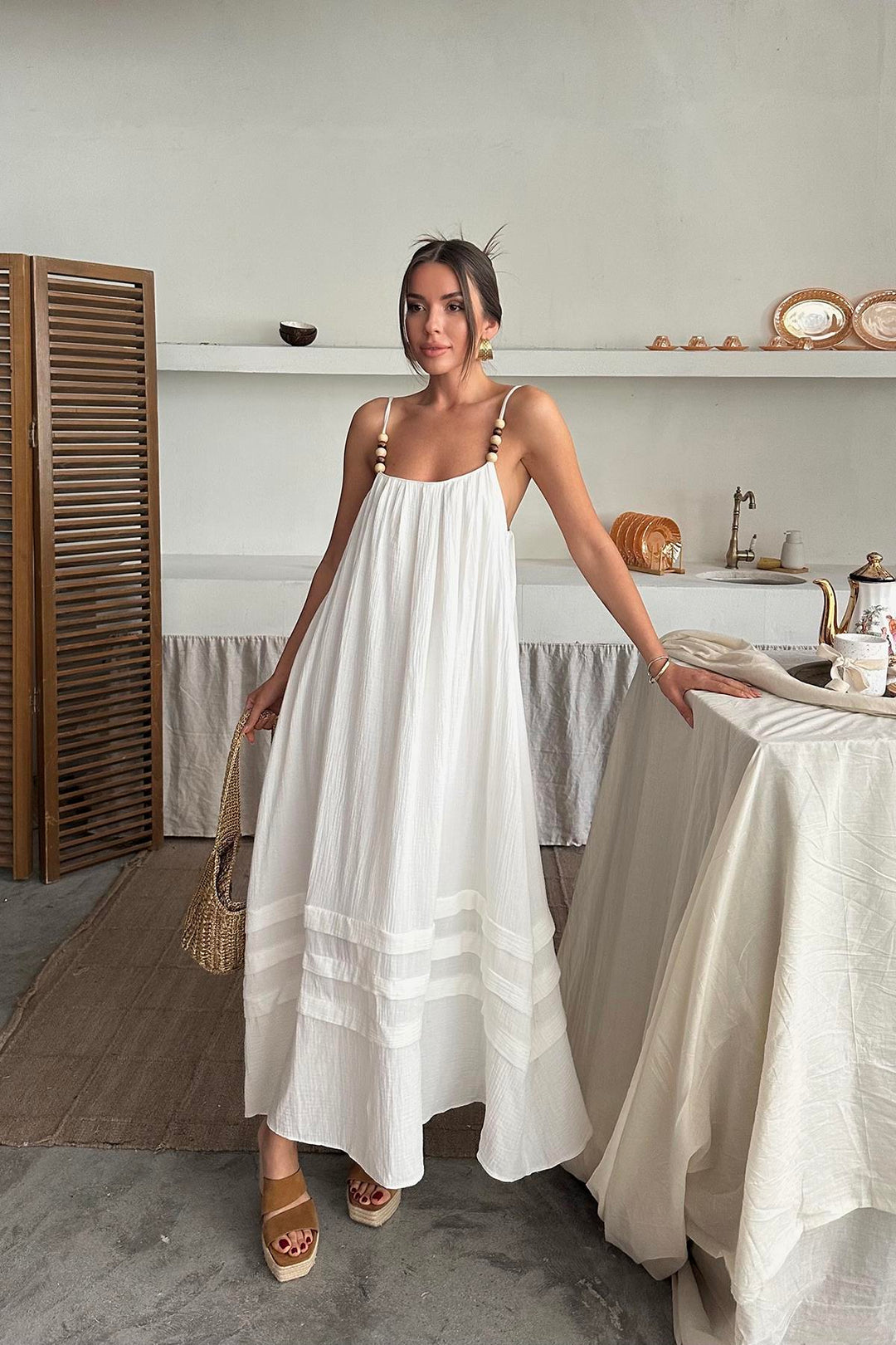 ELS Wholesale Ecru Muslin Dress with Straps - Bellflower