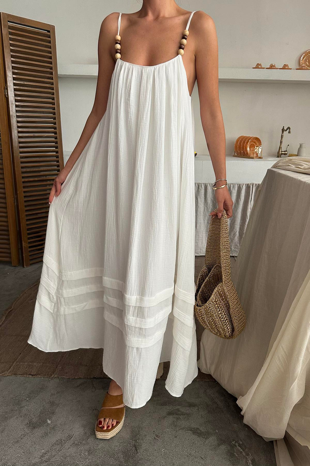 ELS Wholesale Ecru Muslin Dress with Straps - Bellflower