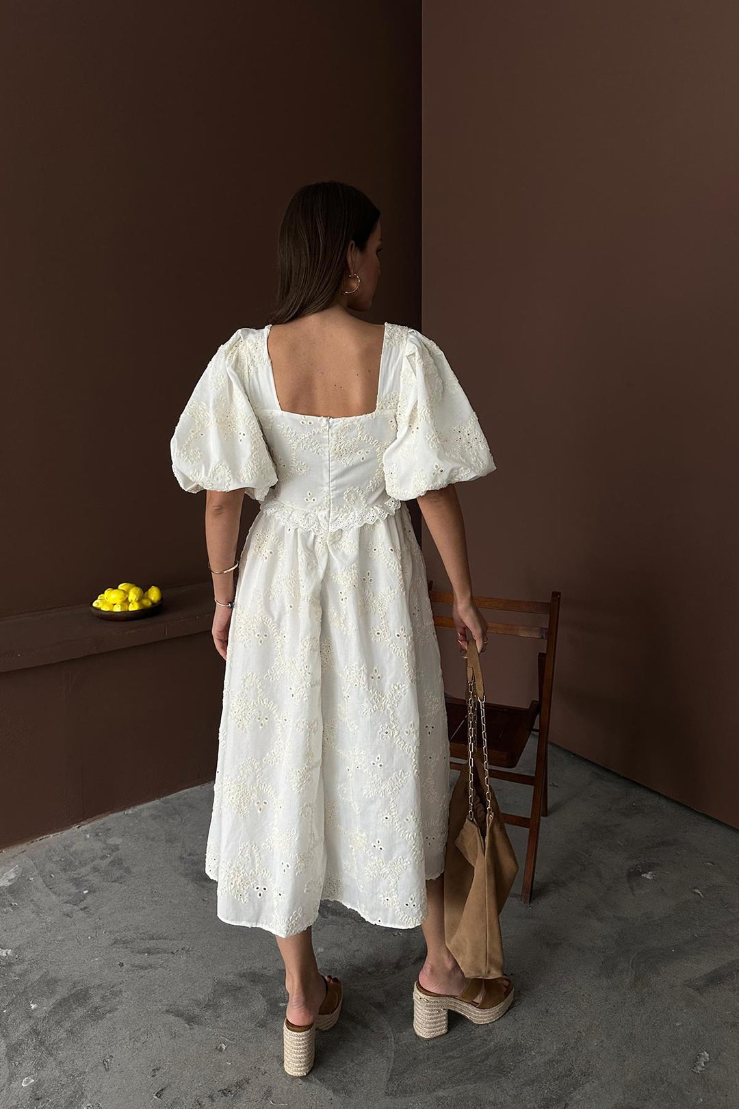 ELS Wholesale Ecru Balloon Sleeve Lace Embroidered Dress - Hanover Park