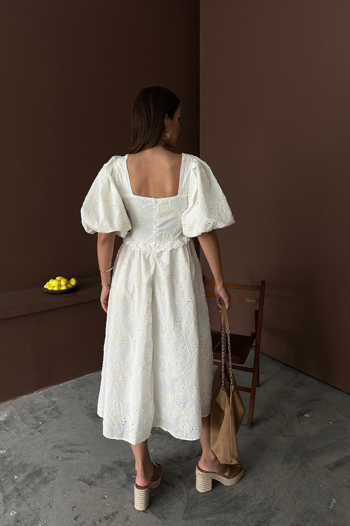 ELS Wholesale Ecru Balloon Sleeve Lace Embroidered Dress - Hanover Park