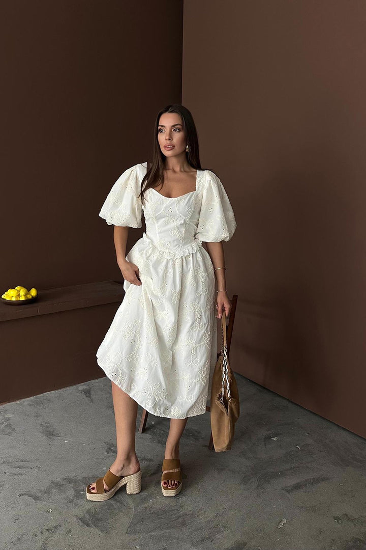 ELS Wholesale Ecru Balloon Sleeve Lace Embroidered Dress - Hanover Park