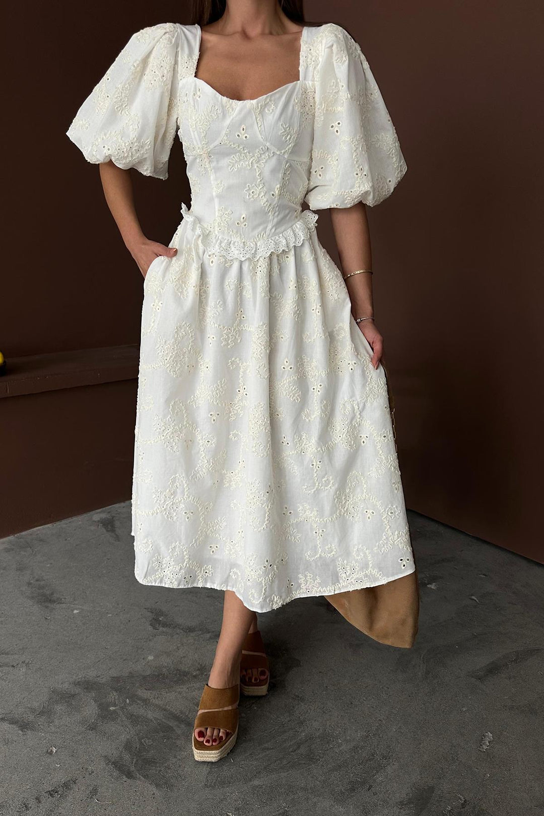 ELS Wholesale Ecru Balloon Sleeve Lace Embroidered Dress - Hanover Park