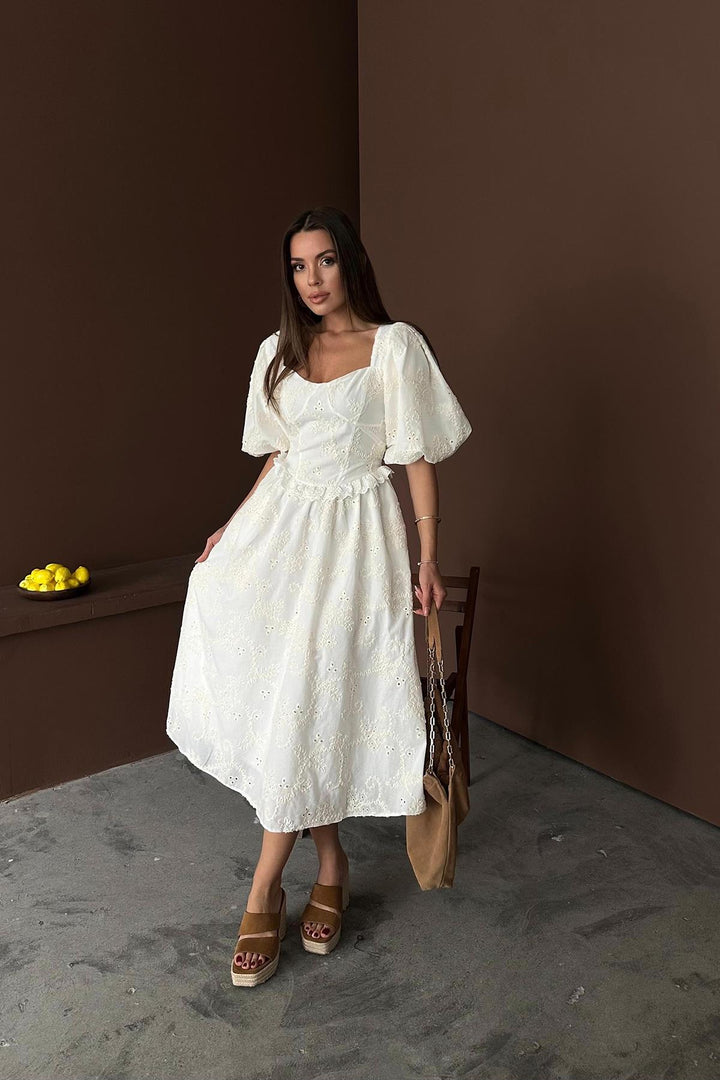 ELS Wholesale Ecru Balloon Sleeve Lace Embroidered Dress - Hanover Park