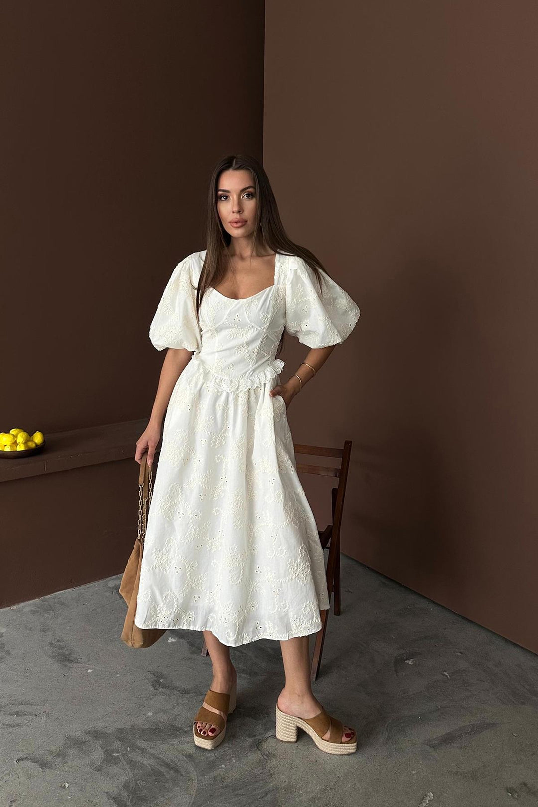 ELS Wholesale Ecru Balloon Sleeve Lace Embroidered Dress - Hanover Park