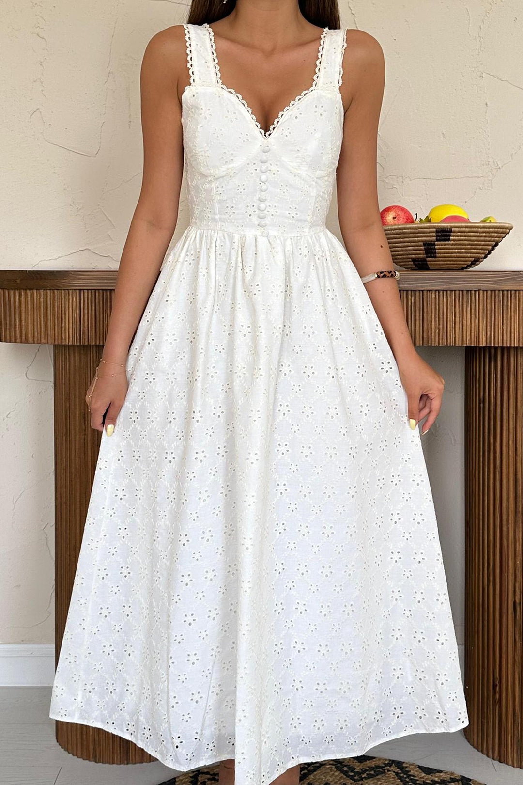 ELS Toptan Ekru Dantel Detaylı Askılı Elbise - Savona