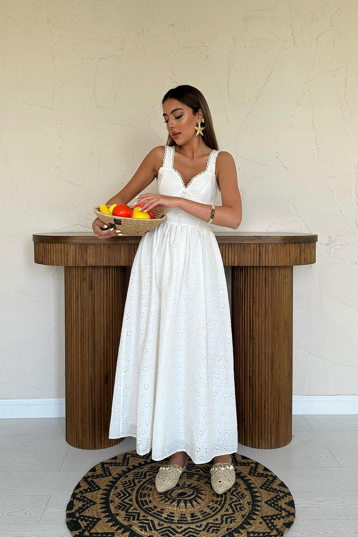 ELS Toptan Ekru Dantel Detaylı Askılı Elbise - Savona