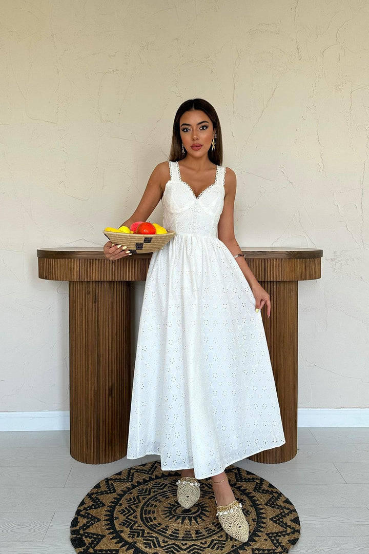 ELS Toptan Ekru Dantel Detaylı Askılı Elbise - Savona