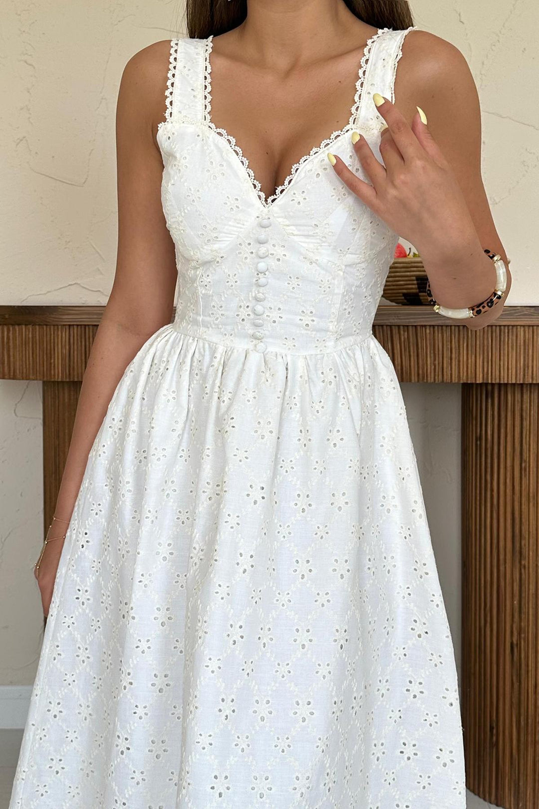 ELS Toptan Ekru Dantel Detaylı Askılı Elbise - Savona