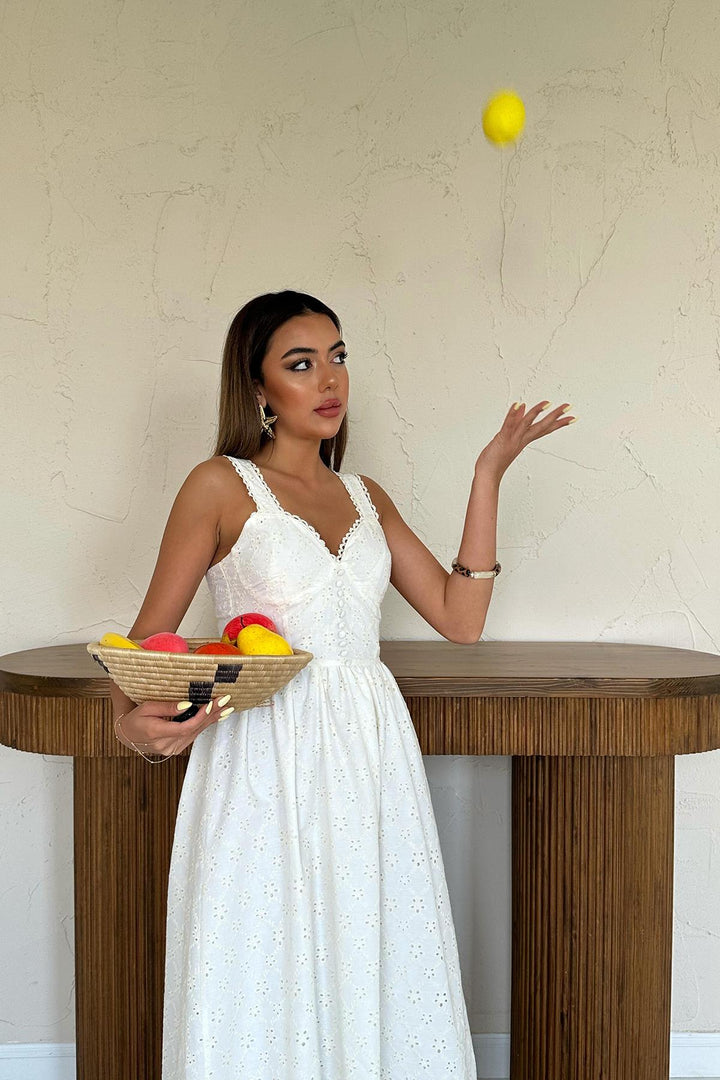 ELS Toptan Ekru Dantel Detaylı Askılı Elbise - Savona