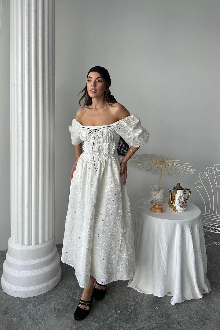 ELS Wholesale Ecru Lace Detailed Embroidered Dress - Úbeda