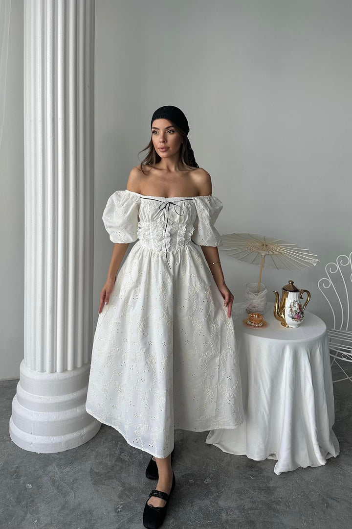 ELS Toptan Ekru Dantel Detaylı Brode Elbise - Königs Wusterhausen