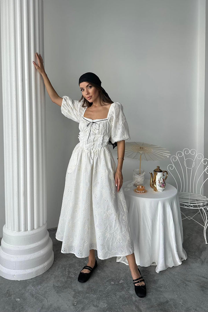 ELS Wholesale Ecru Lace Detailed Embroidered Dress - Úbeda