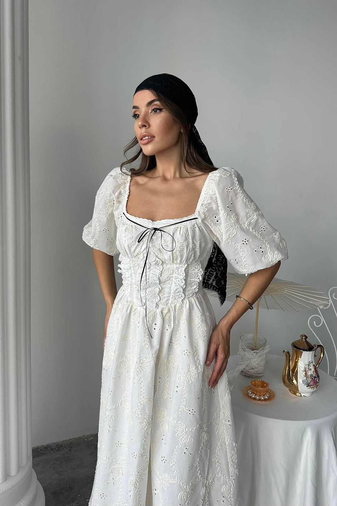 ELS Wholesale Ecru Lace Detailed Embroidered Dress - Úbeda
