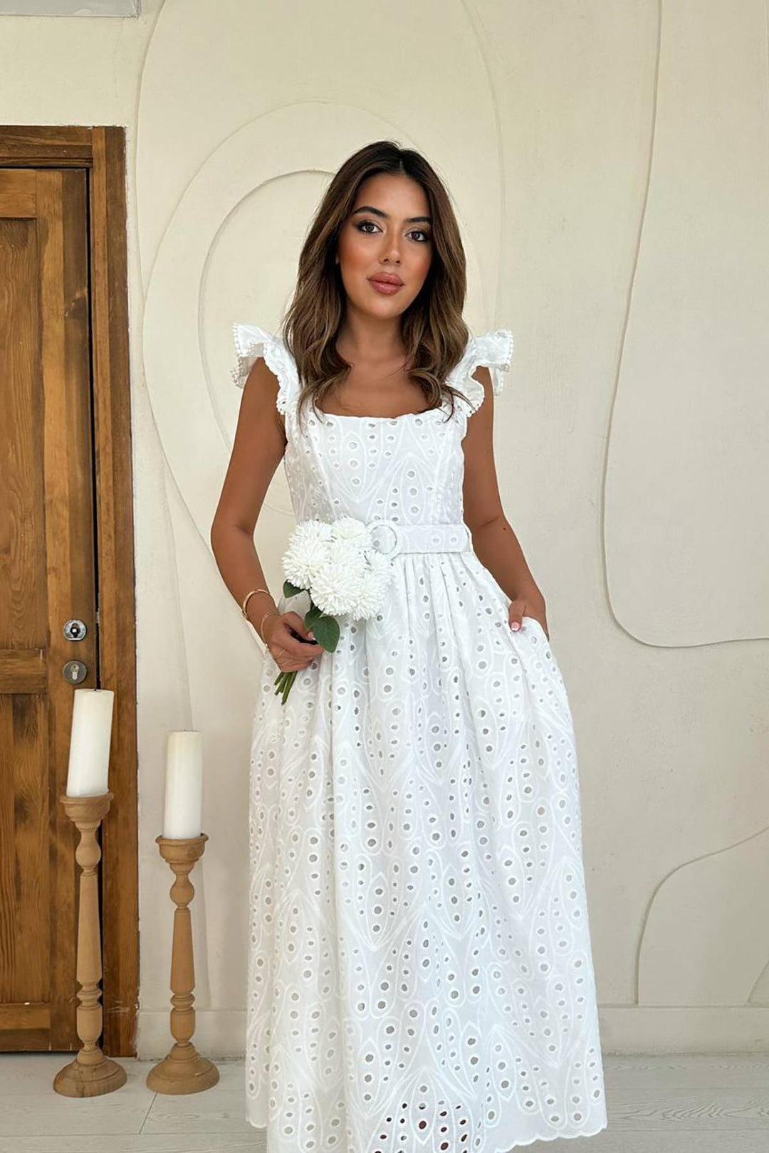 ELS Toptan Ekru Dantelli Brode Elbise - Anglet
