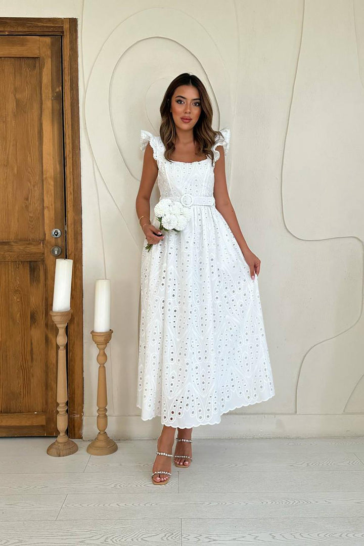 ELS Toptan Ekru Dantelli Brode Elbise - Anglet