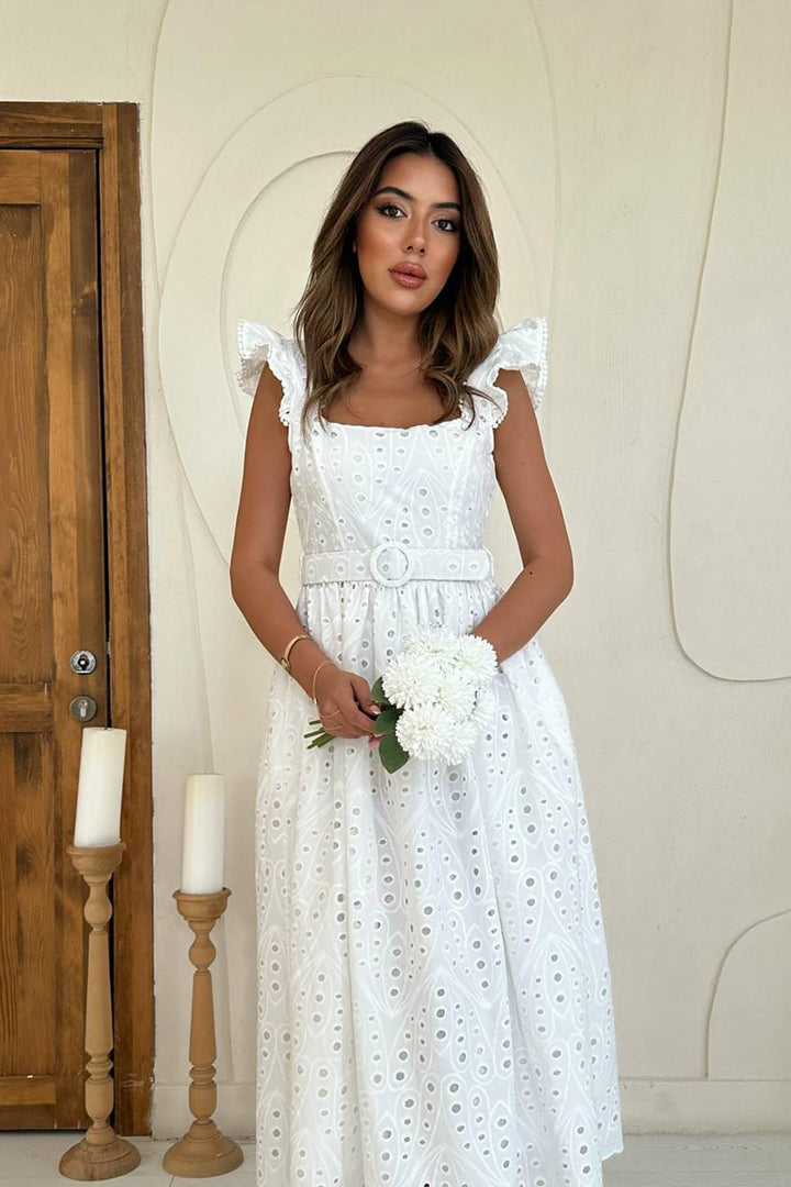 ELS Toptan Ekru Dantelli Brode Elbise - Anglet